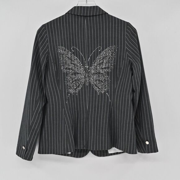 HIPCHIK COUTURE Blazer Womens Sz 8 Gray Pinstripe Rhinestone Butterfly Retro Y2K - Picture 5 of 13